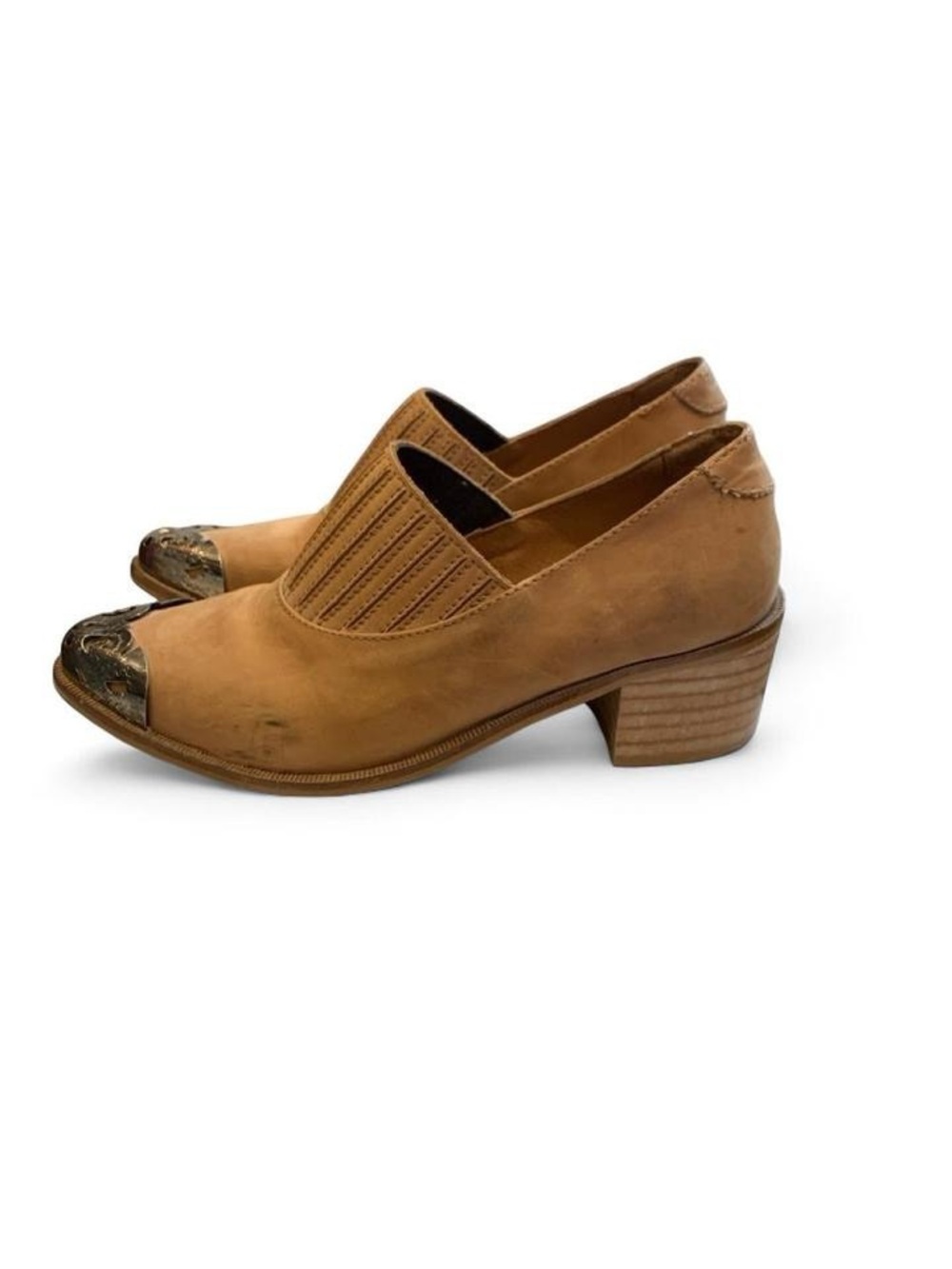 Free People Women’s Tan Leather Low Block Heel Ankle Boots with Metallic Toe